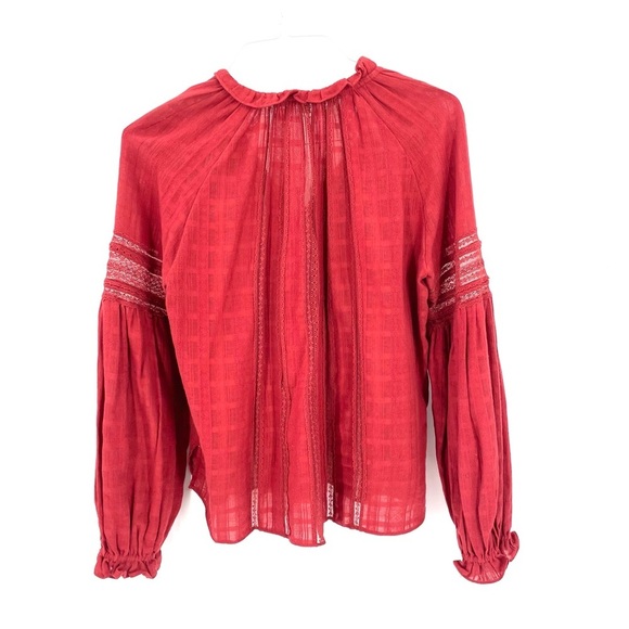 Veronica Beard Kalina Tassel Tie Boho Peasant Blouse Long Sleeve Top Brick Red - Picture 9 of 10